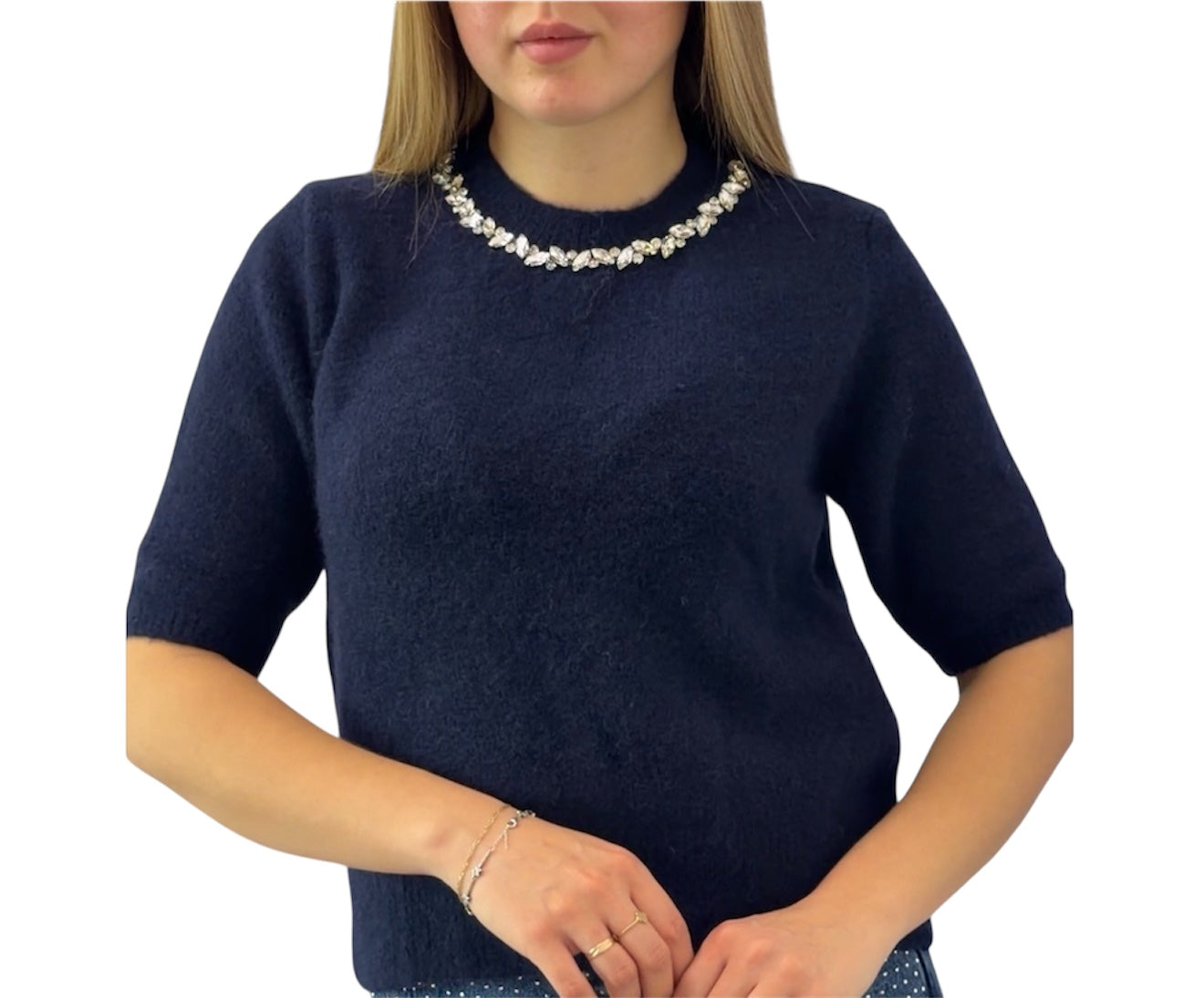 Crystal-Trim Soft Knit Short Sleeve Sweater