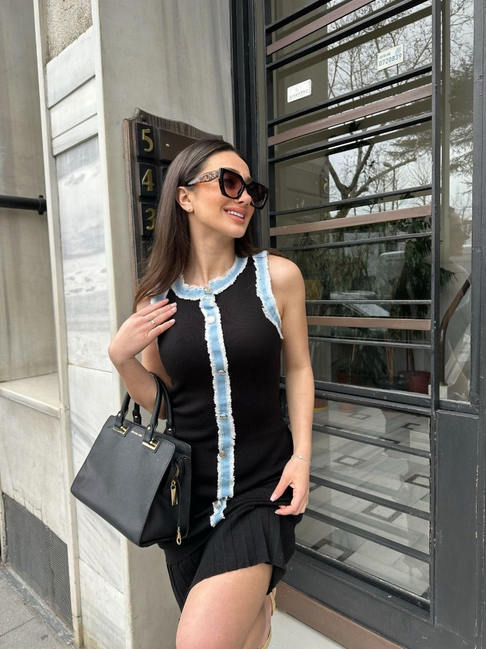Sleeveless Dress with Denim Trim