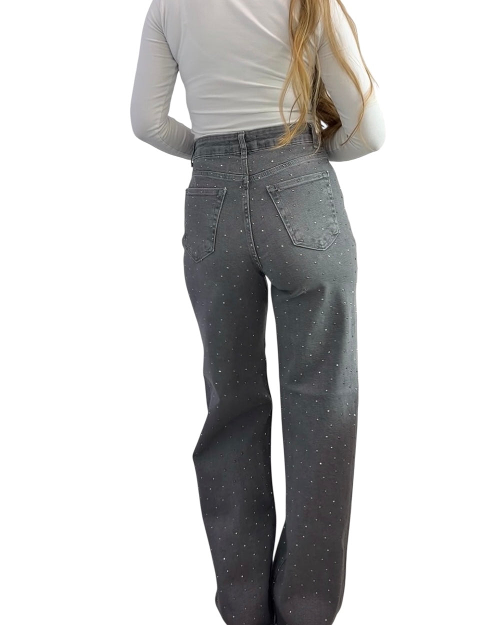 Grey Rhinestone Wide-Leg Jeans