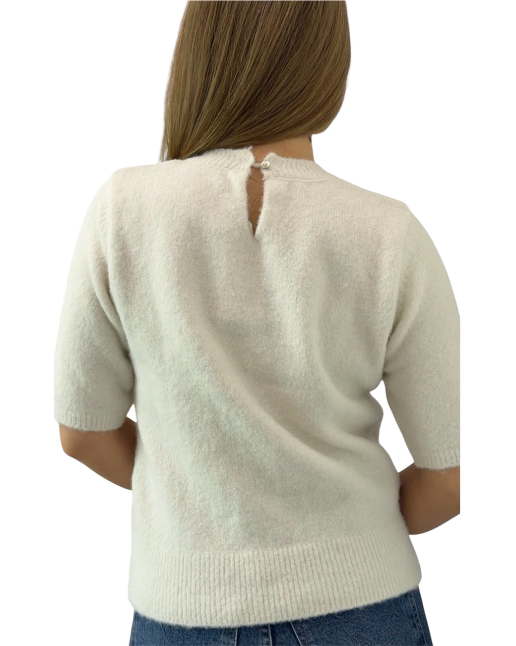 Crystal-Trim Soft Knit Short Sleeve Sweater