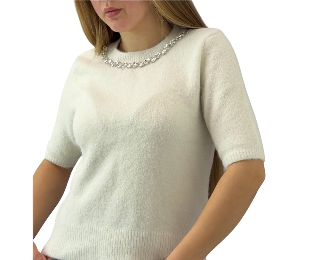 Crystal-Trim Soft Knit Short Sleeve Sweater