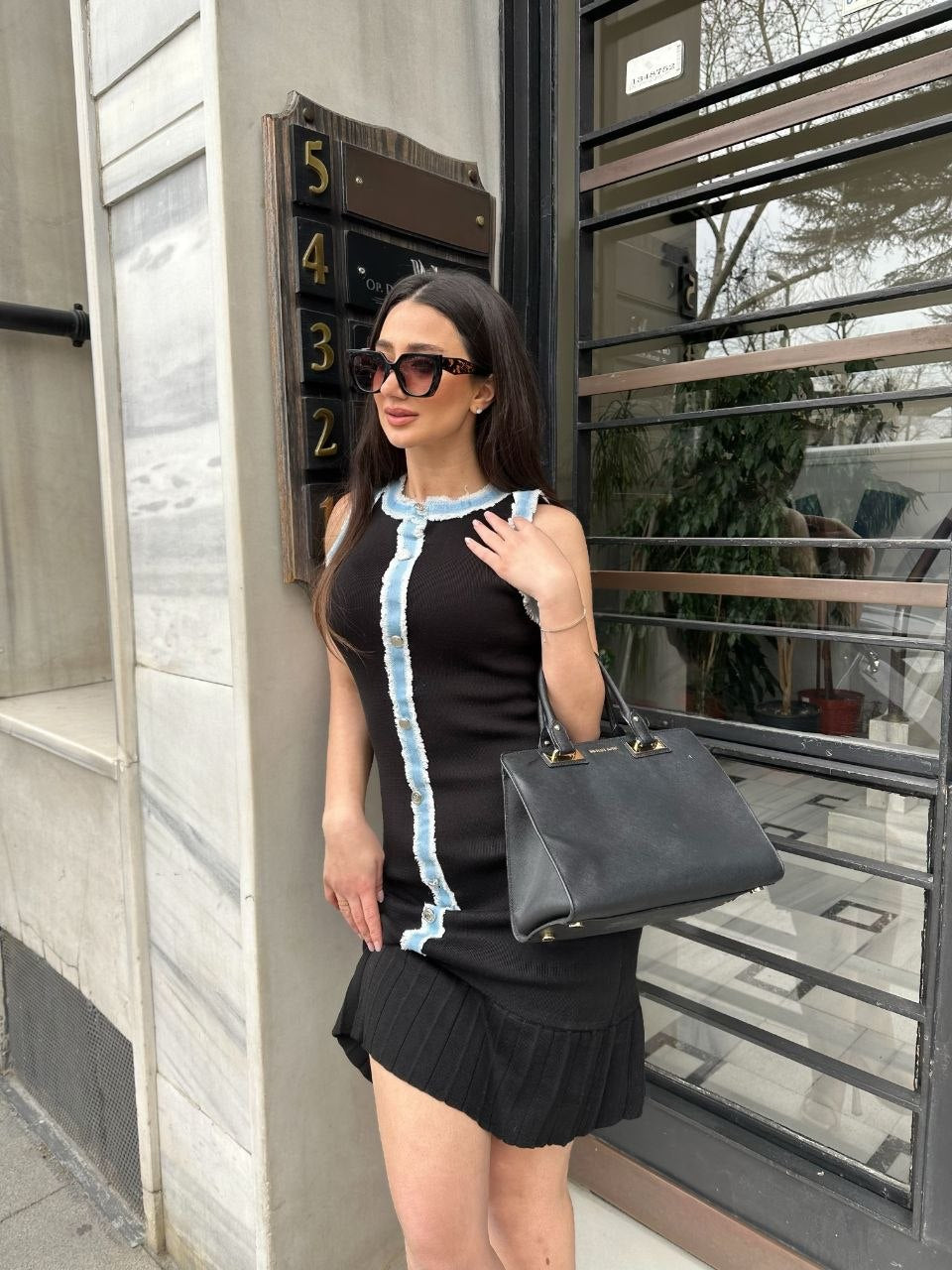 Sleeveless Dress with Denim Trim