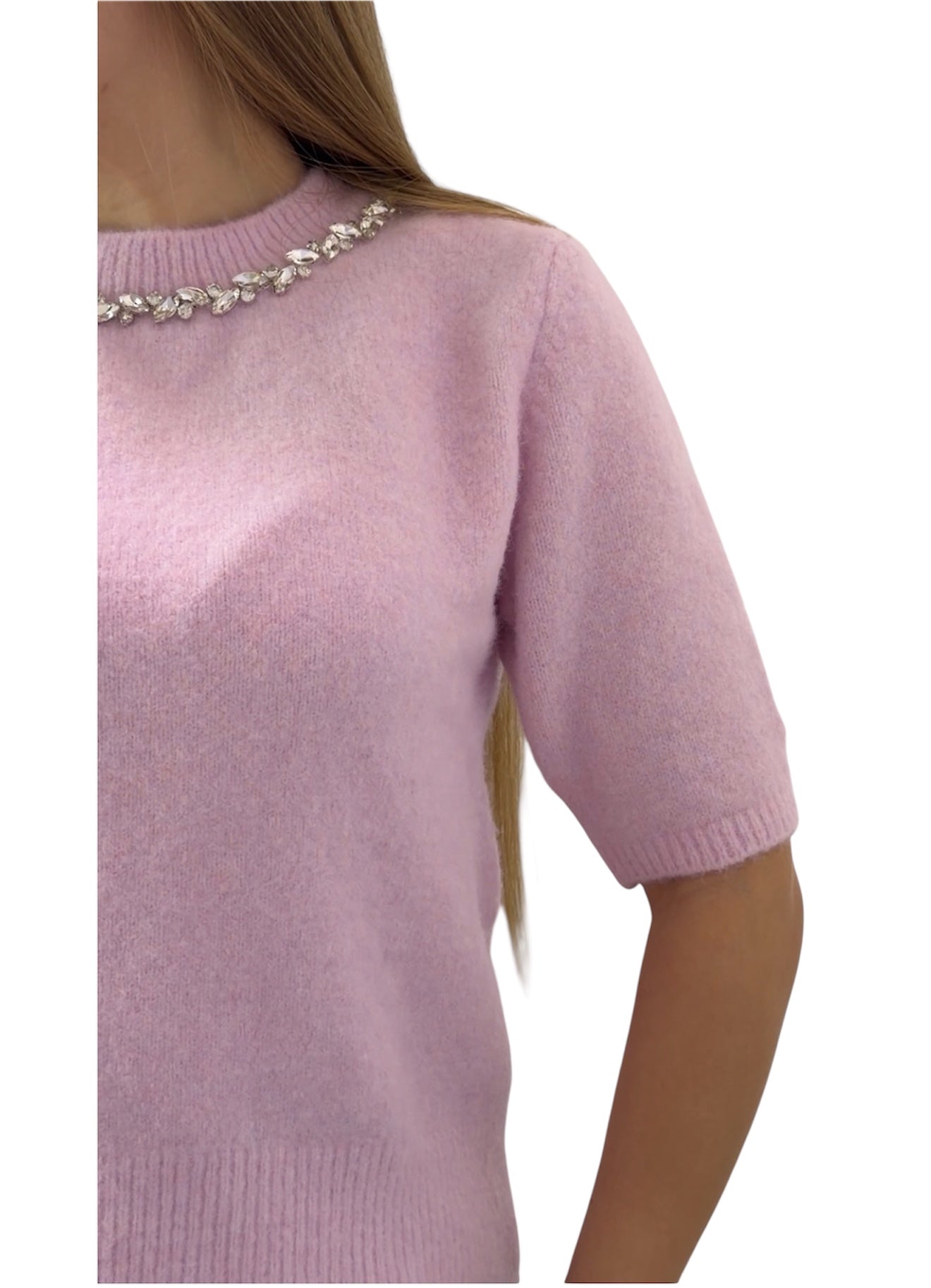 Crystal-Trim Soft Knit Short Sleeve Sweater