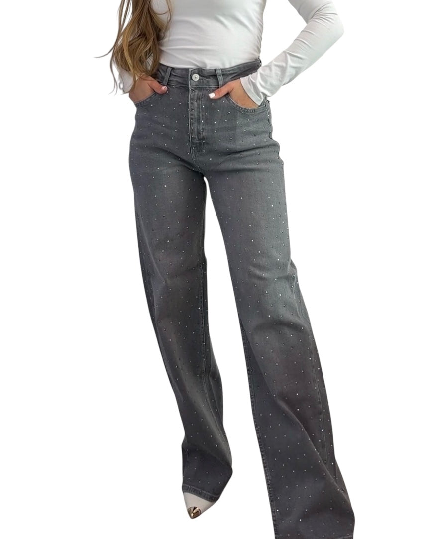 Grey Rhinestone Wide-Leg Jeans