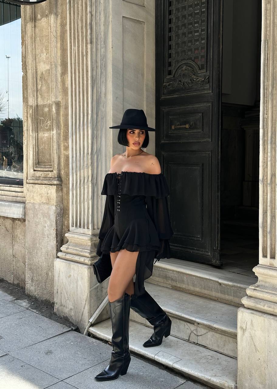 Off Shoulder Ruffle Bodysuit with Corset Details