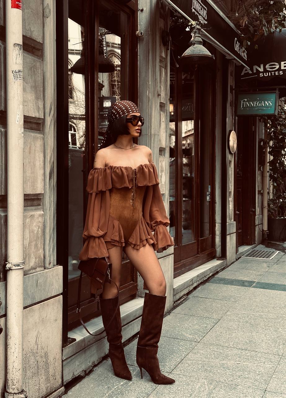 Off Shoulder Ruffle Bodysuit with Corset Details
