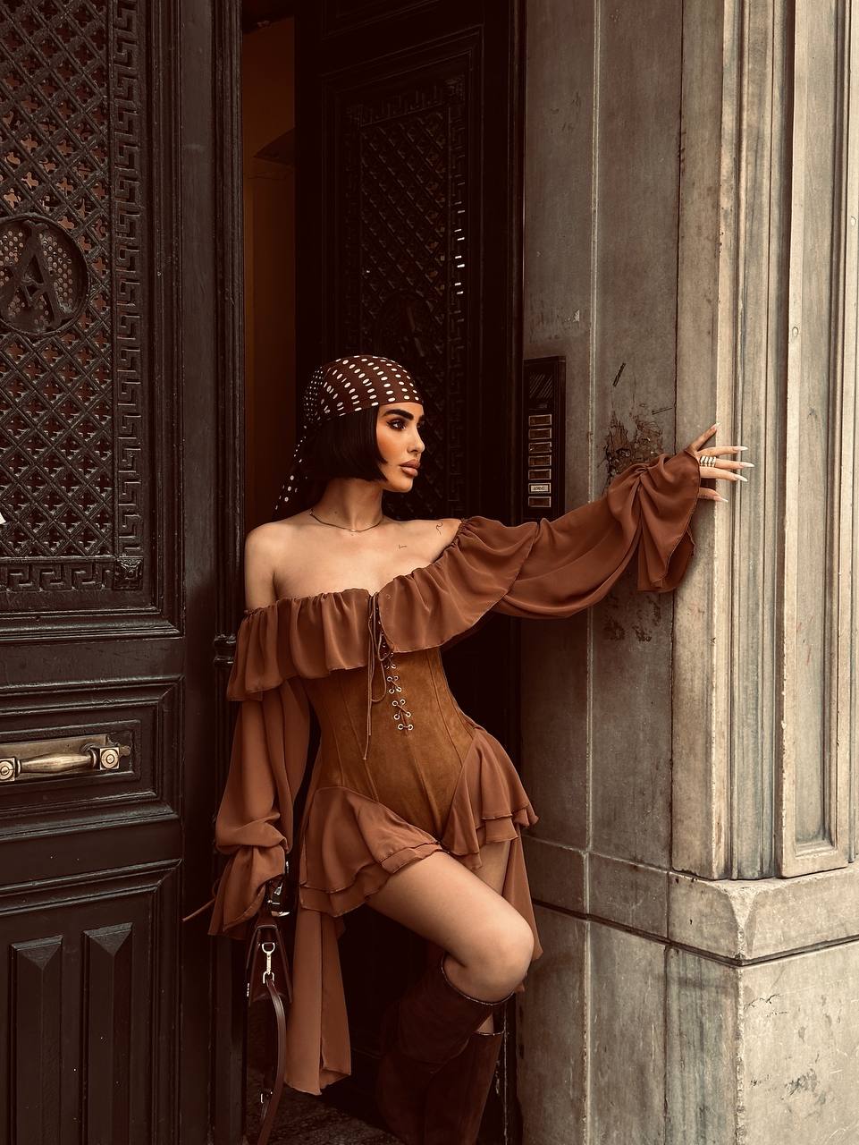 Off Shoulder Ruffle Bodysuit with Corset Details