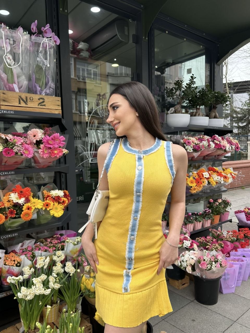Sleeveless Dress with Denim Trim