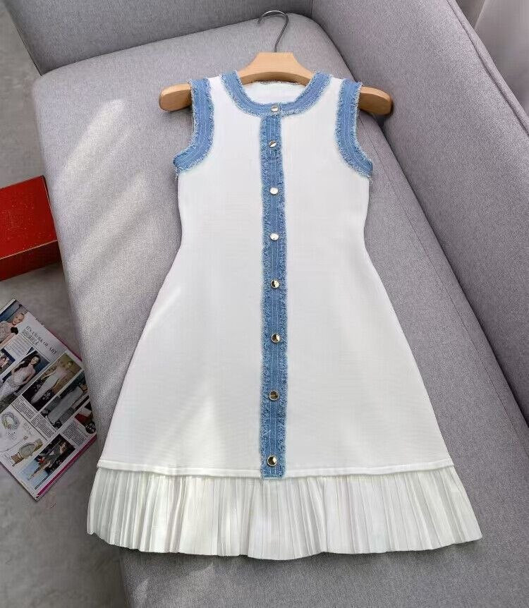 Sleeveless Dress with Denim Trim