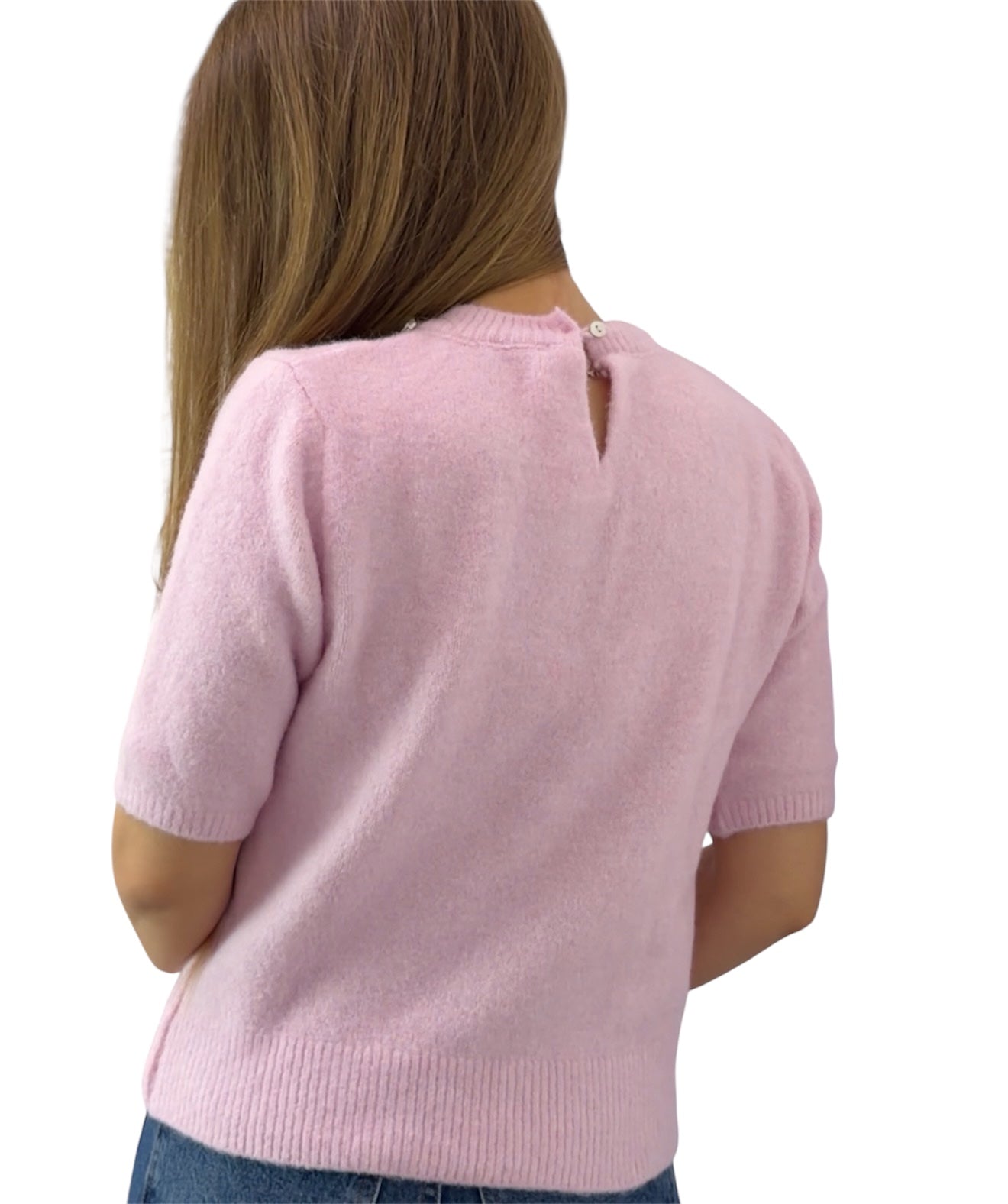 Crystal-Trim Soft Knit Short Sleeve Sweater