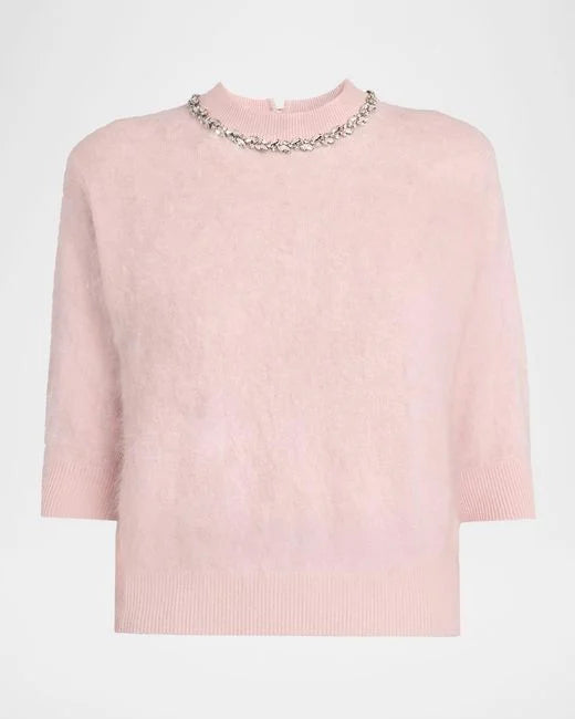 Crystal-Trim Soft Knit Short Sleeve Sweater