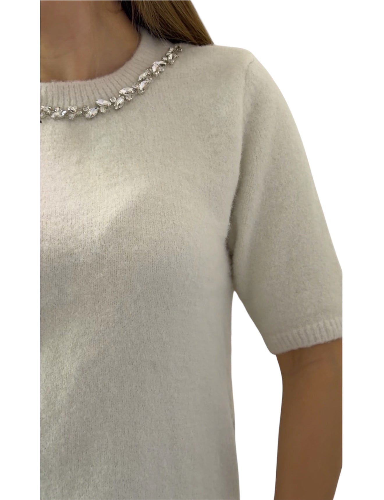 Crystal-Trim Soft Knit Short Sleeve Sweater