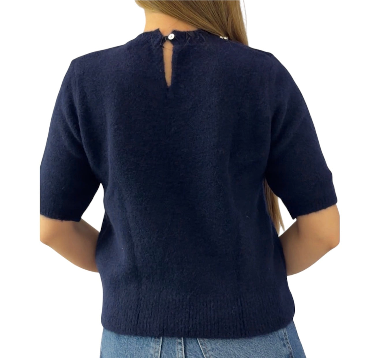 Crystal-Trim Soft Knit Short Sleeve Sweater
