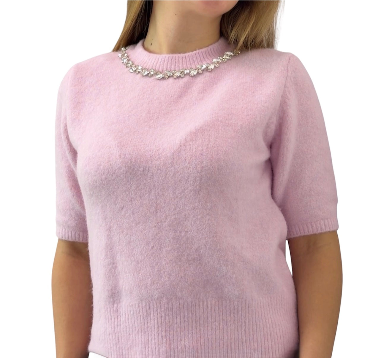 Crystal-Trim Soft Knit Short Sleeve Sweater