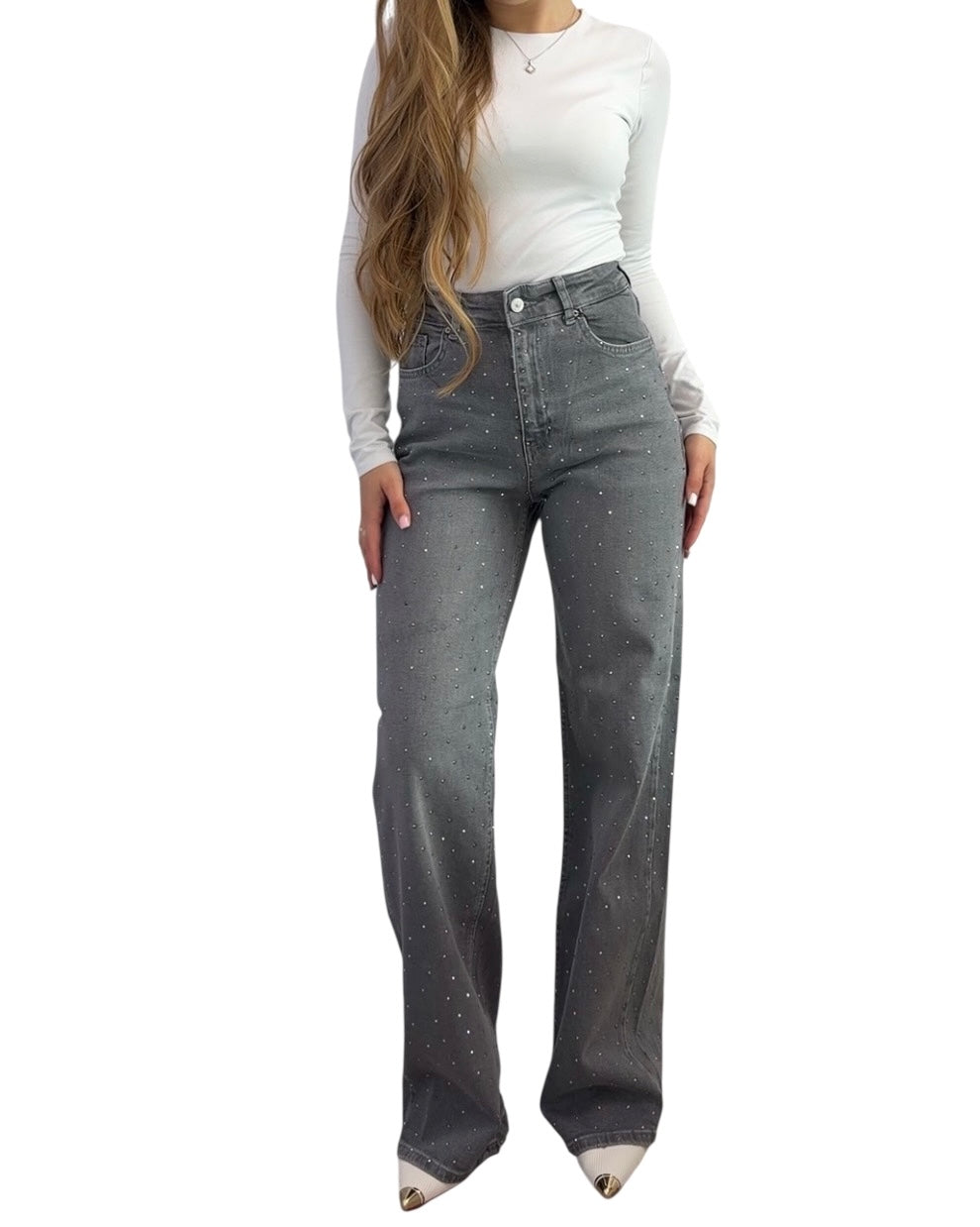 Grey Rhinestone Wide-Leg Jeans
